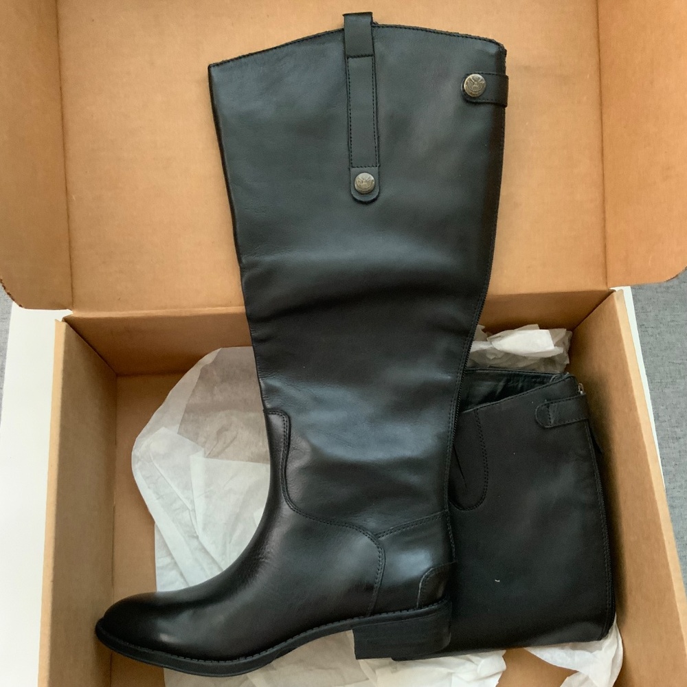 Sam Edelman Penny Knee-High Black Leather Riding Boots Block Heel Almond Toe - Picture 9 of 16